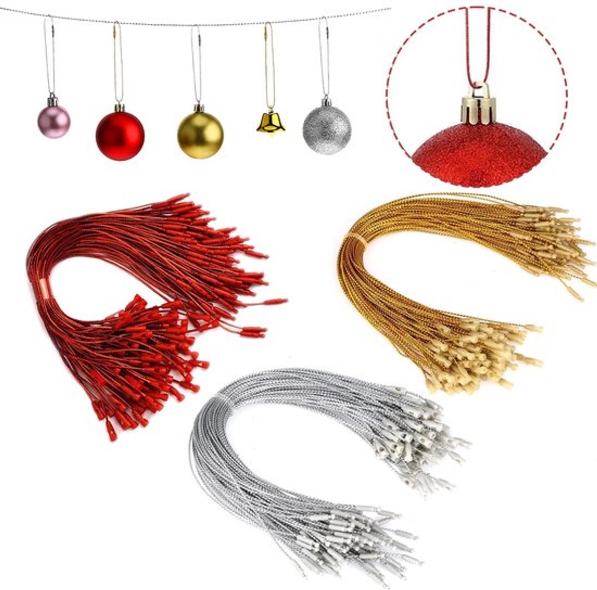 Touwen 20 cm - 300 Stuks - Kerstversiering Haken - Koord voor Decoraties - Polyester - Veiligheidswaarschuwing - Kerstboomhaak