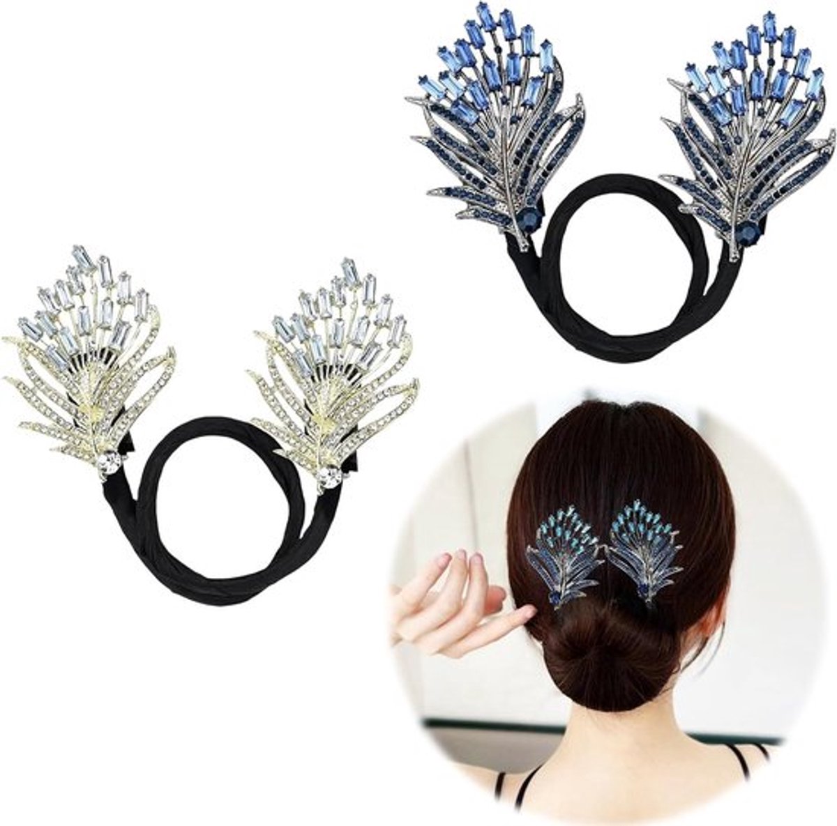 Elegante Haaraccessoires voor Medium tot Lang Haar, Strass Bun Makers en Franse Twist Haar Pins, Set van 2 Stuks in Blauw en Goud