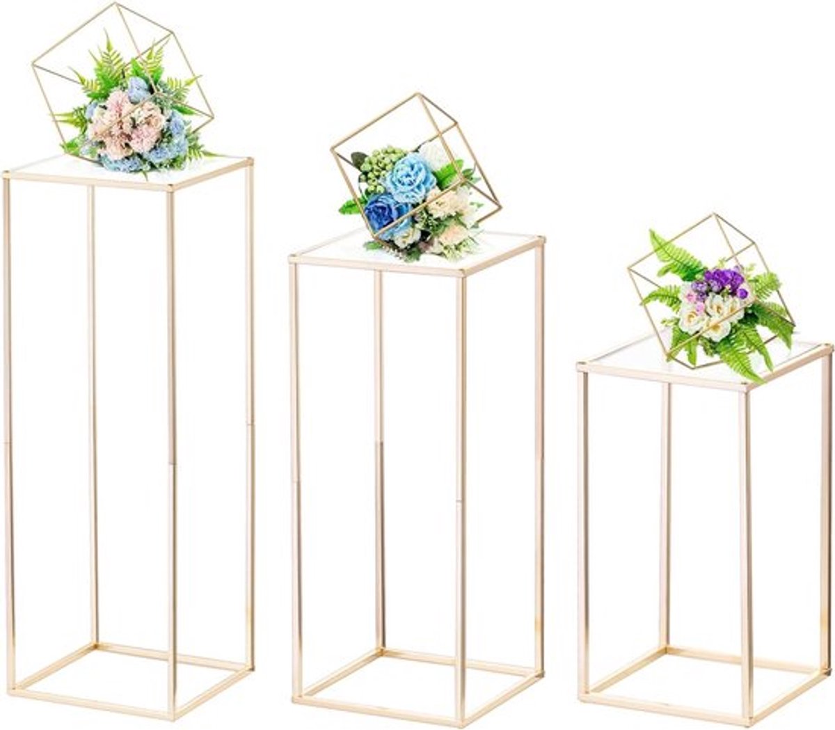 Gouden Vazen voor Bruiloft Centerpieces met Acryl Paneel - 3 Stuks Hoge Vazen voor Bloemen, Metalen Kolom Bloemstandaard en Geometrisch Centerpiece voor Verjaardagsfeest en Huisdecoratie (40cm/60cm/80cm)