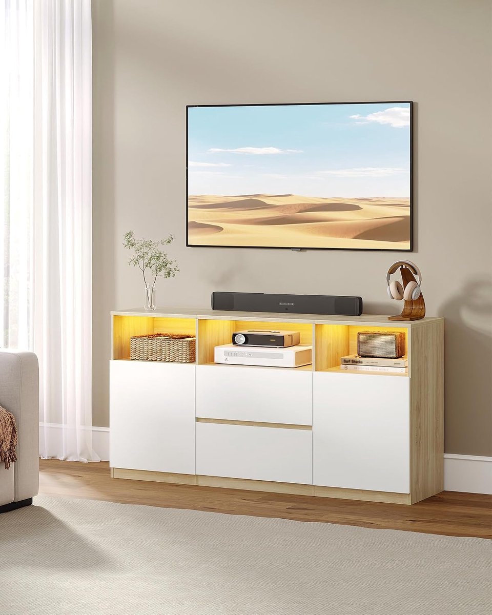 Hzuaneri TV-kast met RGB LED-verlichting (25 kleuren), witte eiken kleuren, TV-kast voor tv's tot 65 inch, dressoir met laden, 3 open vakken, voor woonkamer en slaapkamer