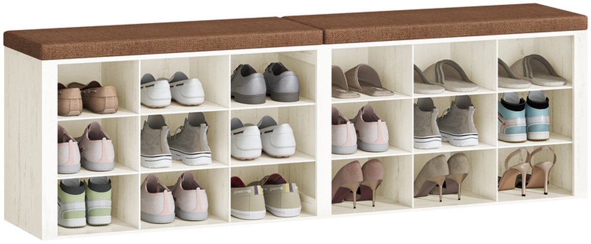 Hzuaneri Schoenenbank met zitje, 18 vakken, wit-vintage bruin, Schoenenrek, schoenenkast met bank, verstelbare planken, voor woonkamer, slaapkamer, 30 x 150 x 48 cm