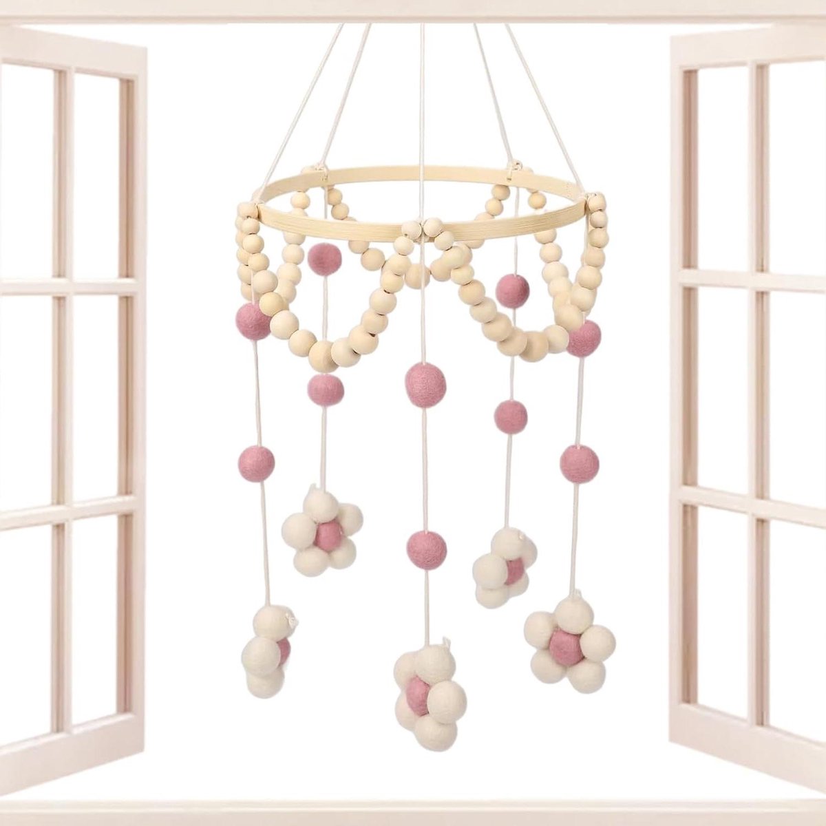 Wiegmobiel Hangspeelgoed - Baby Mobiel - Babykamer Decoratie - Ambachtelijk Natuurdesign - 60 x 19.5 cm - Roze
