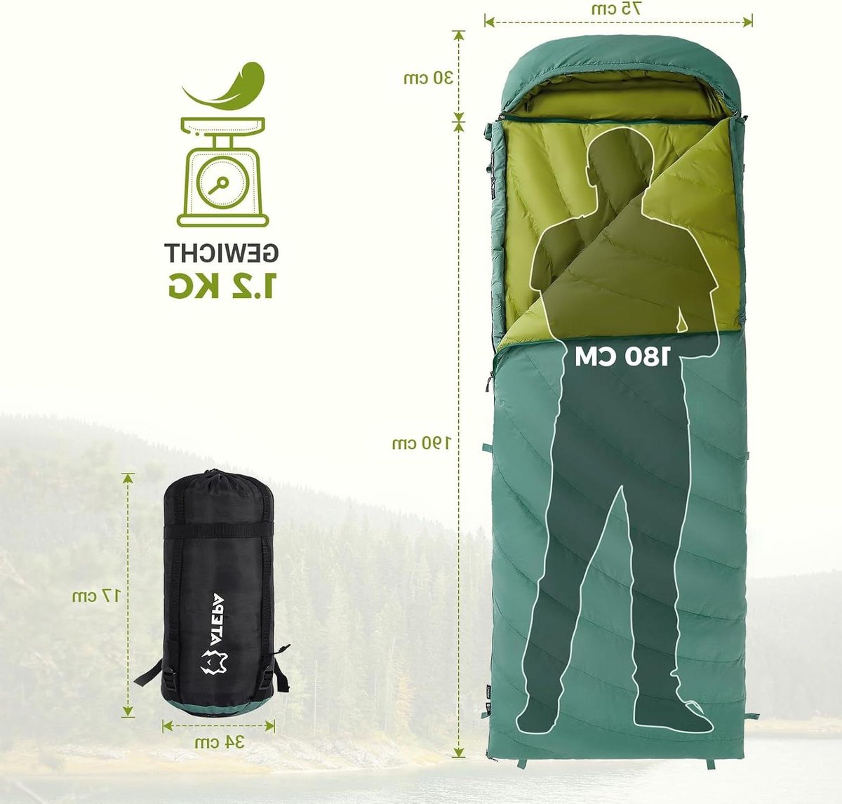 Donsslaapzak - Outdoor slaapzak - Kamperen en reizen - 3-in-1 ontwerp - 220x75cm - Grijsgroen