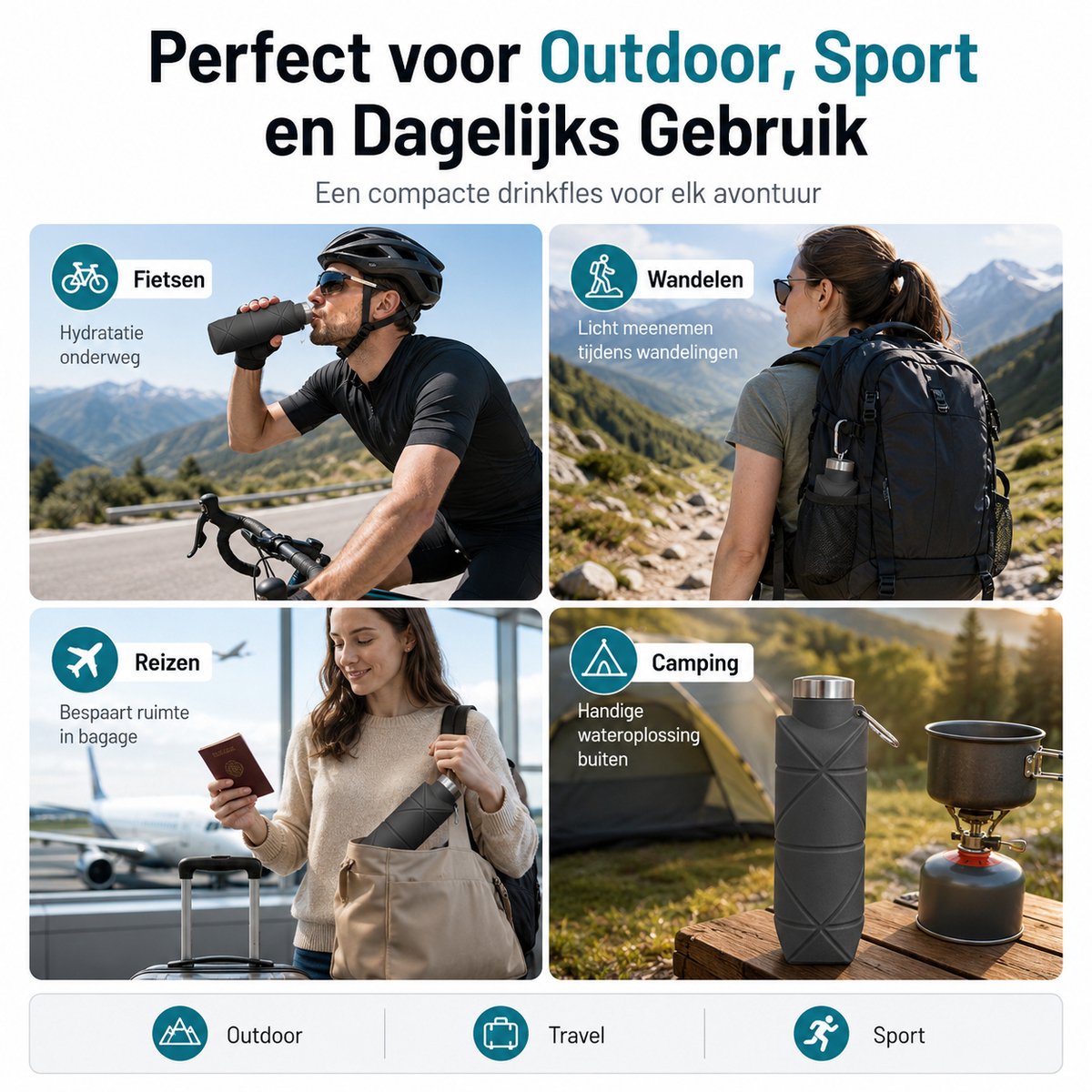 Opvouwbare Waterfles - 700 ml - Lekvrij - Siliconen - Met Karabijnhaak - Voor Fiets & Wandelen - Draagbare Vouwfles — cadeau in Sport & Outdoor - foto 3