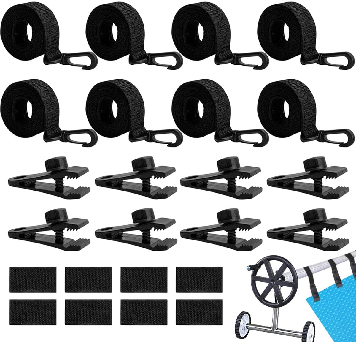 Set van 8 bevestigingsriemen en clips voor oprolsysteem voor zonnezeilen, zonneafdekkingsbanden en clips, accessoires voor zonneafdekkingen, dekzeilen en afdekkingen