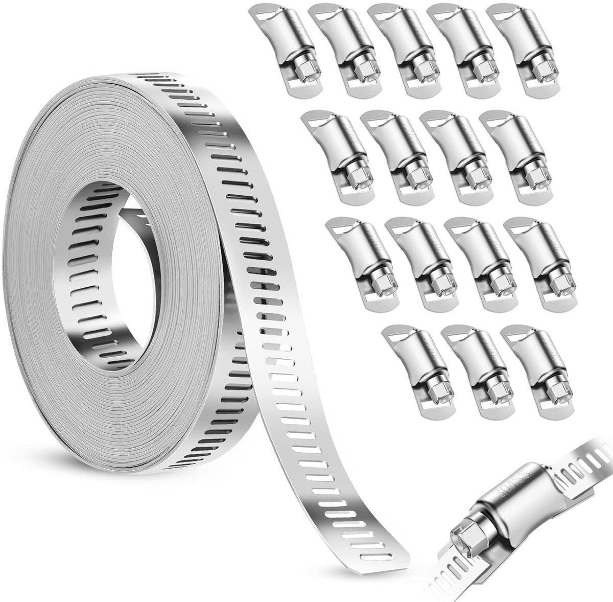 Slangklemmen van roestvrij staal, robuuste verstelbare metalen bevestigingsband, 16 stuks, doe-het-zelf slangklemmen voor waterleiding, tuin, huis, gas, vijver