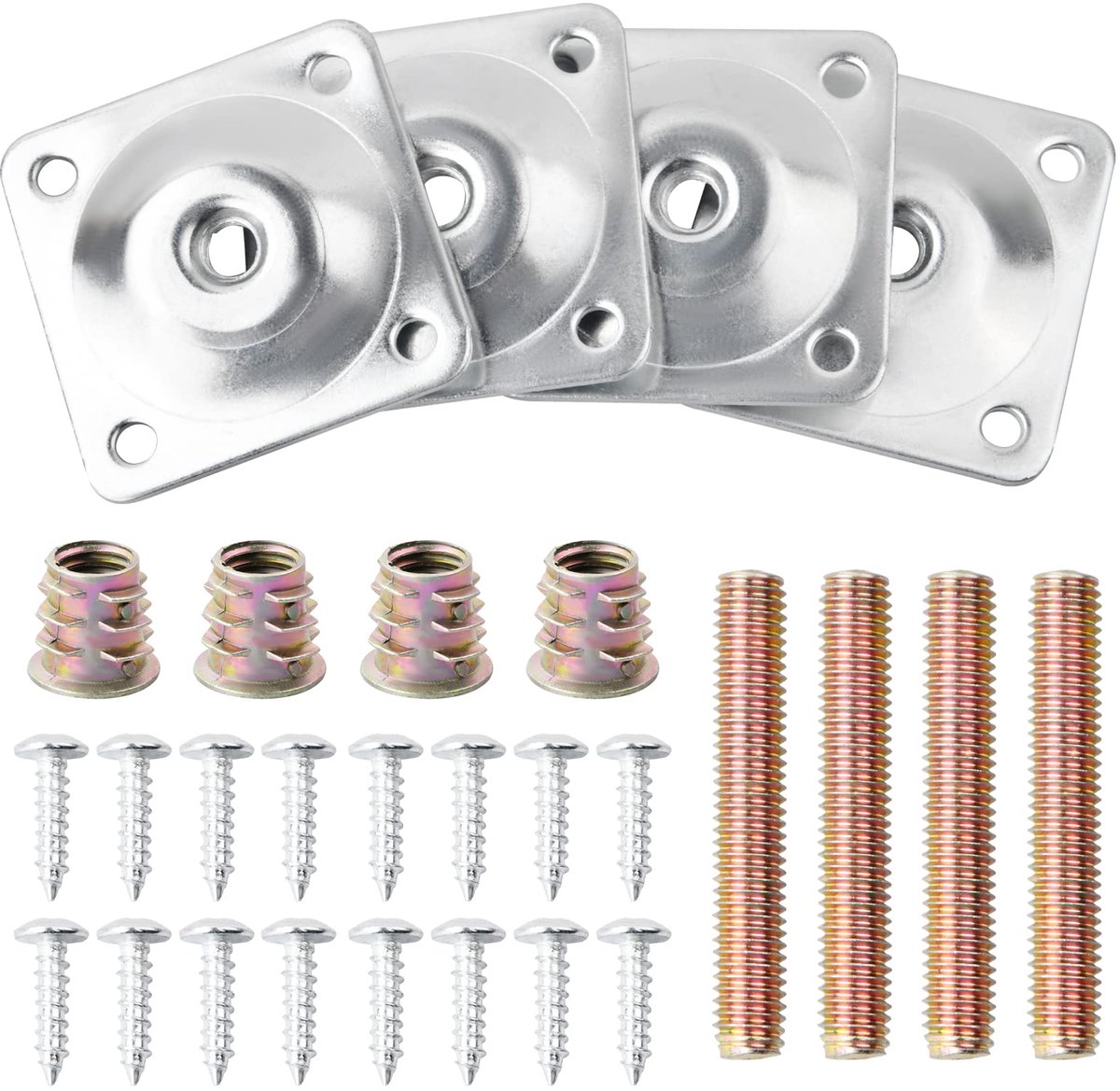 4 sets metalen pootmontageplaten met ophangbouten en schroeven, meubelpoten bevestigingsplaten, M8 bankpoten bevestigingsbeugels voor tafel, bank, stoelen, meubelpoten (zilver)