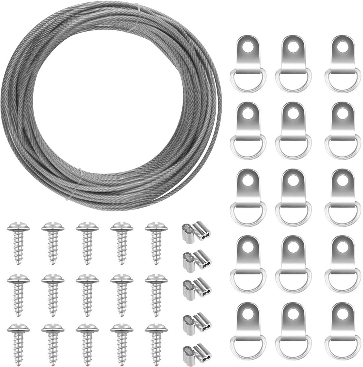 2 mm x 10 m roestvrij stalen foto opknoping draad foto koord voor spiegel foto opknoping bevestigingen met 10 krimpbuis 15 D-ring fotolijst opknoping haken en schroeven (tot 30 kg)