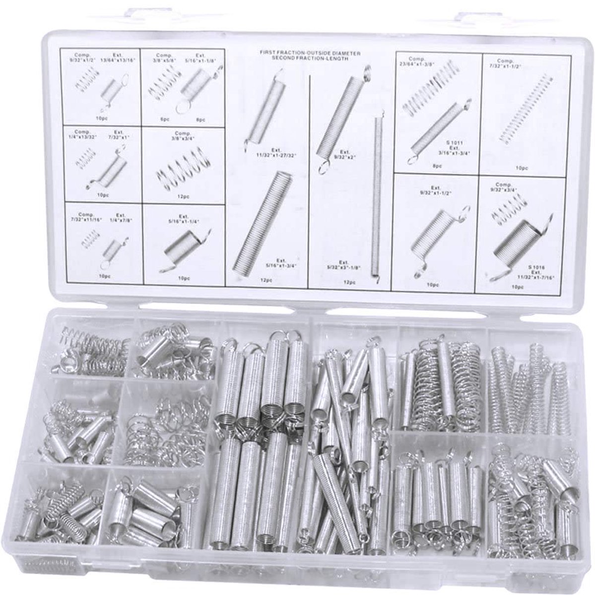 drukveer, trekveren, 200 stuks, assortiment stalen veren, assortiment, set, maten voorgesorteerd, in praktische kunststof doos