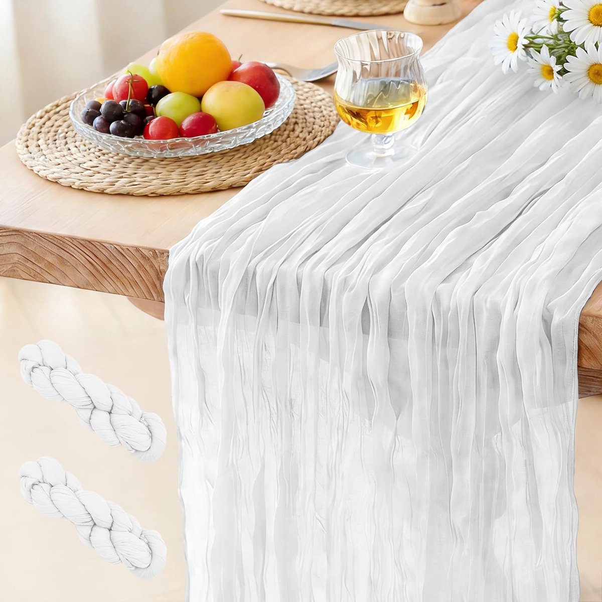 Tafelloper Melkwit, 300 x 90 CM Boho Gaas Tafelloper voor Bruiloften, Verjaardagsfeesten, Babyborrels, Vrijgezellenfeesten en Banketdecoraties