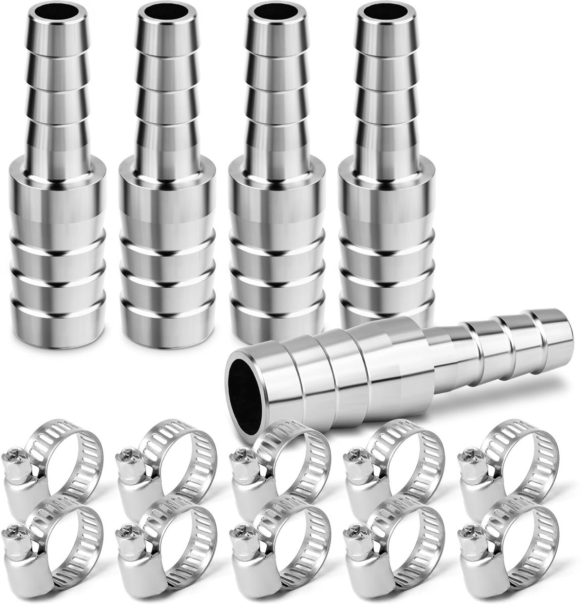 5 stuks 304 Roestvrij Staal Slangpilaar Verloopstuk 16mm naar 13mm, Slangverbinder Reductie met Slangklemmen voor Water, Brandstof, Lucht, Koelvloeistof