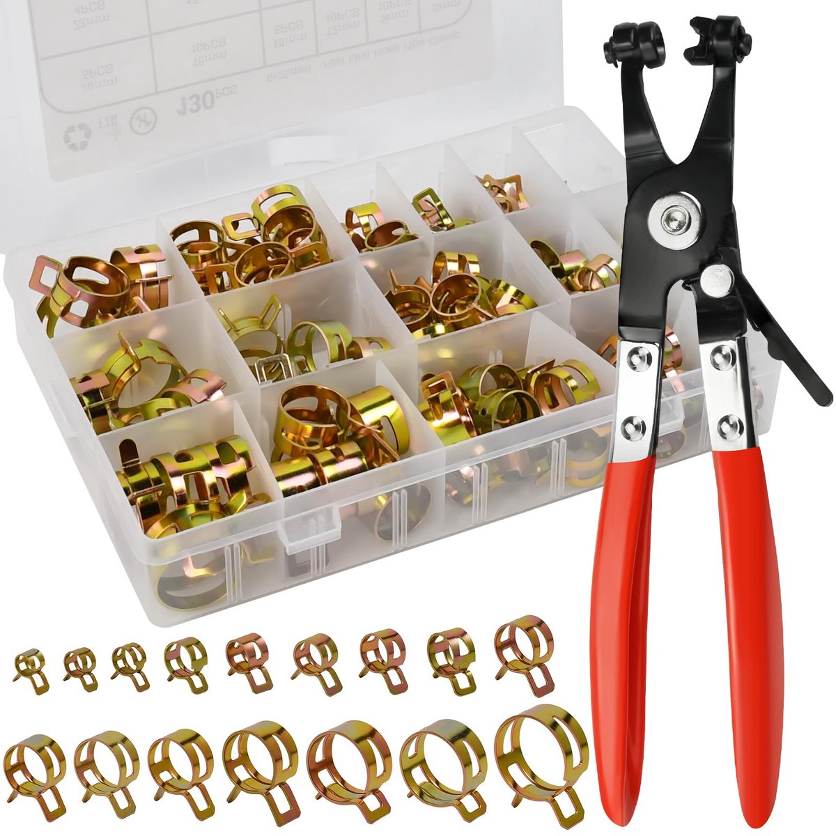 Slangklemmen, roestvrij staal, 6-25 mm, met slangklemtang, veerbandklemmen, assortiment slangklemmen, set voor brandstofleiding, water, lucht, klemklemmen, kit voor auto, huishouden