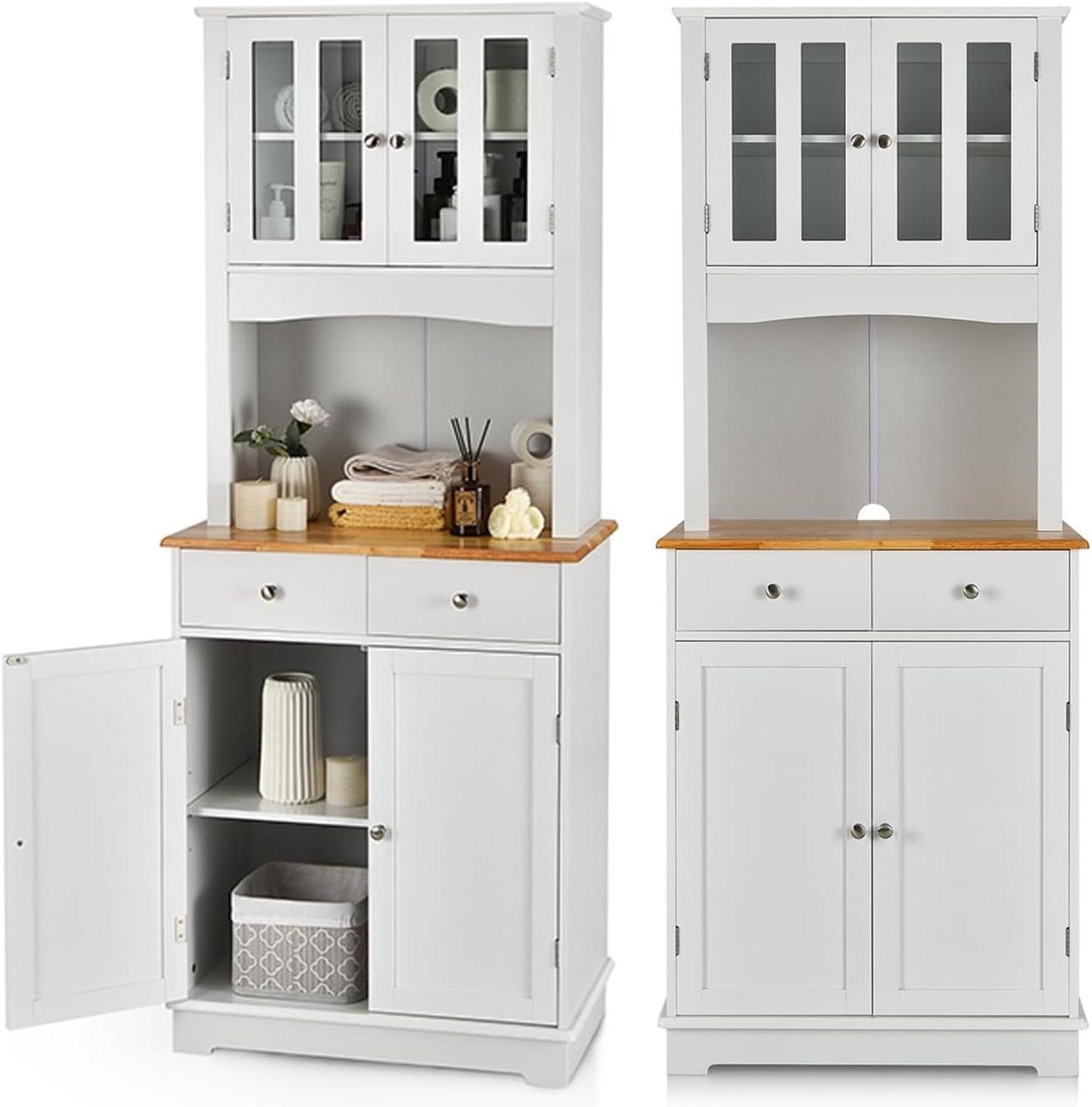 Opbergkast Keuken - Buffetkast Vitrine - Keuken Organiseren - Verstelbare Planken - 68 x 40 x 170 cm - Wit