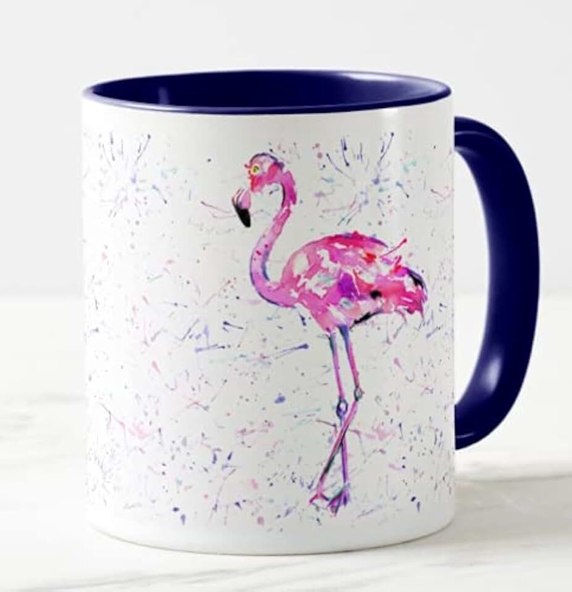 Flamingo aquarel regenboog kunst gekleurde mok beker, cadeau, verjaardag, werk, kantoor, kerst thee koffie (marineblauw)