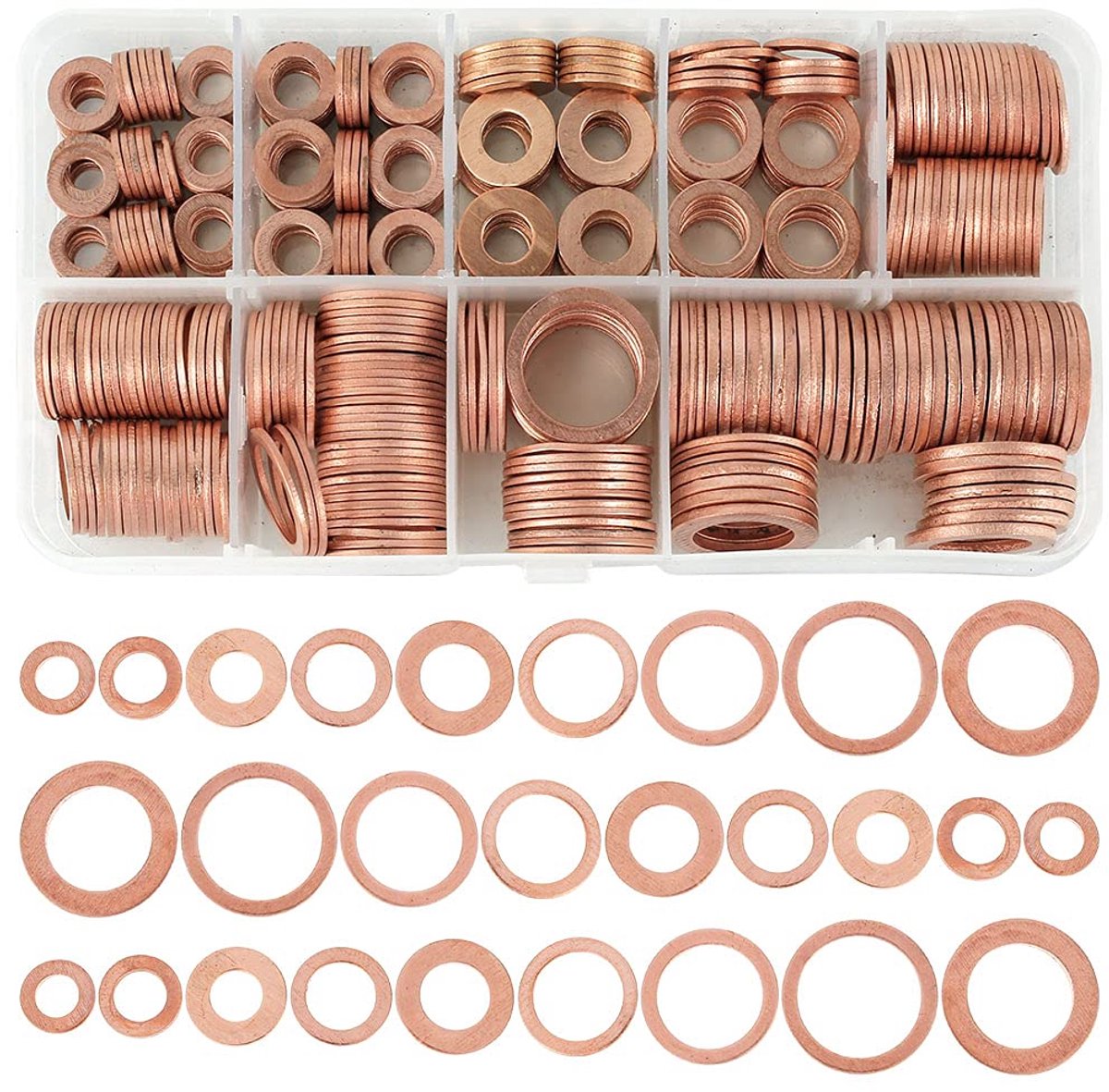 400 stuks koperen afdichtringen, koper, platte schijf, sluitringen, koperen ringen, afdichtring, assortiment, platte afdichtringen, assortimentskit met assortimentsdoos voor schroeven,