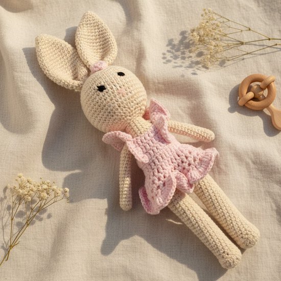 Nuvinokids Bunny - Kraamcadeau Set 6-delig - Handgemaakt 100% Katoen - Baby - Peuter - Kind - Newborn - Kraamcadeautje - Babyshower Cadeau - Geboortecadeau - Babygeschenkset - Newborn Cadeau - Gehaakt - Rammelaar - Speenkoord - Knuffel - Slofjes — afbeelding 5