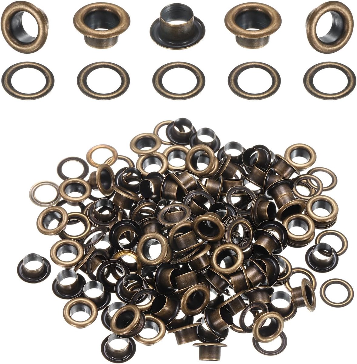 Set van 100 ingestanste ringen, 6 mm, messing ringenset met sluitringen, voor stoffen gordijnen, leer, riem, schoenen, tas, doe-het-zelf, bruin