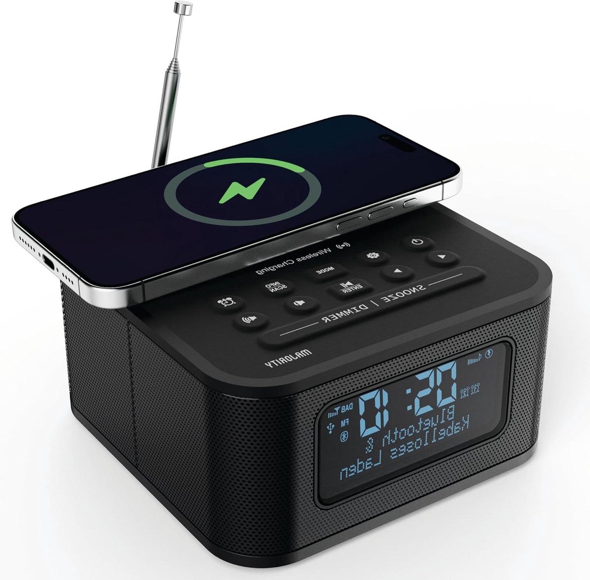 Nachttafelklok - Radio wekker - Wakker worden - Draadloos opladen - 13.8 cm - Zwart