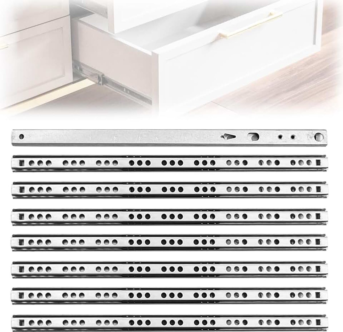 310 mm x 17 mm (8 stuks), rails voor laden met kogellagers van staal, sleuf ladegeleider met schroevenset, ladegeleider