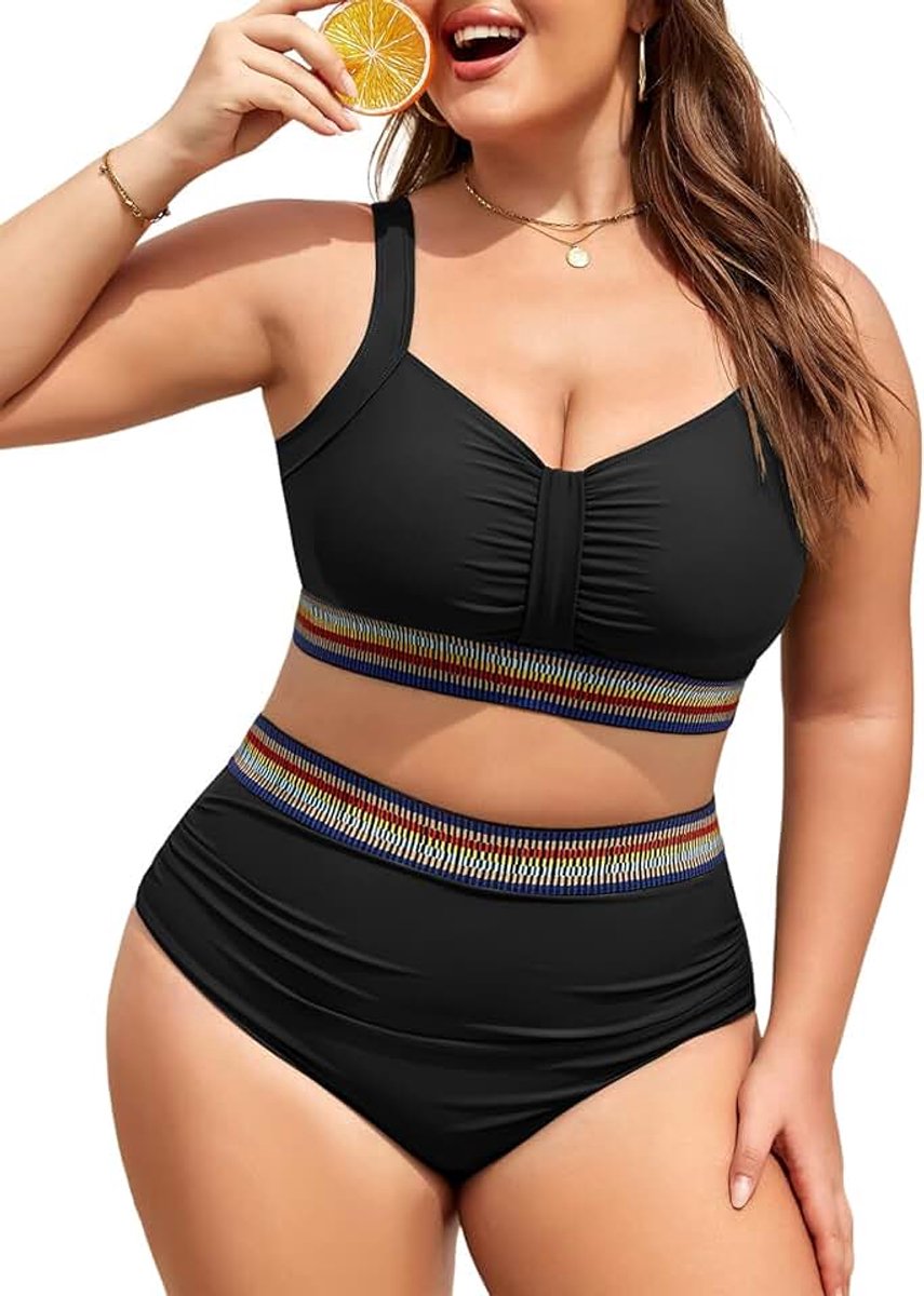 Bikini voor dames, oversized, hoge taille, push-up, V-hals, sexy badpak, plooien, buikcontrole, hoge taille, 2-delige bikiniset