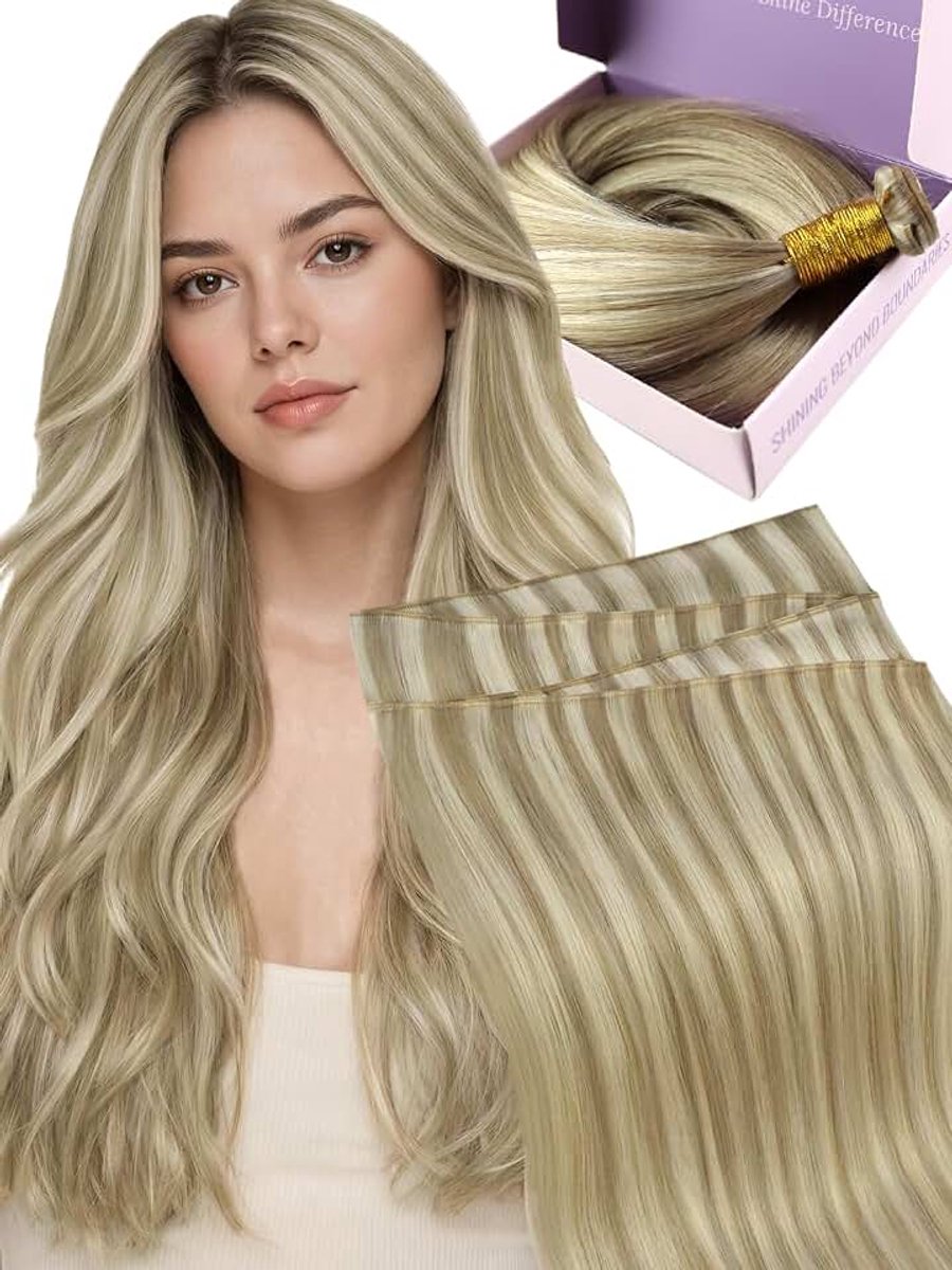 Haarlokken van echt haar om in te naaien, asblond met goudblond, 55 cm, 60 g | Genius vlechten van echt haar, zonder korte achterharen, vrij op maat te snijden, lage opbouwhoogte, voor fijn haar