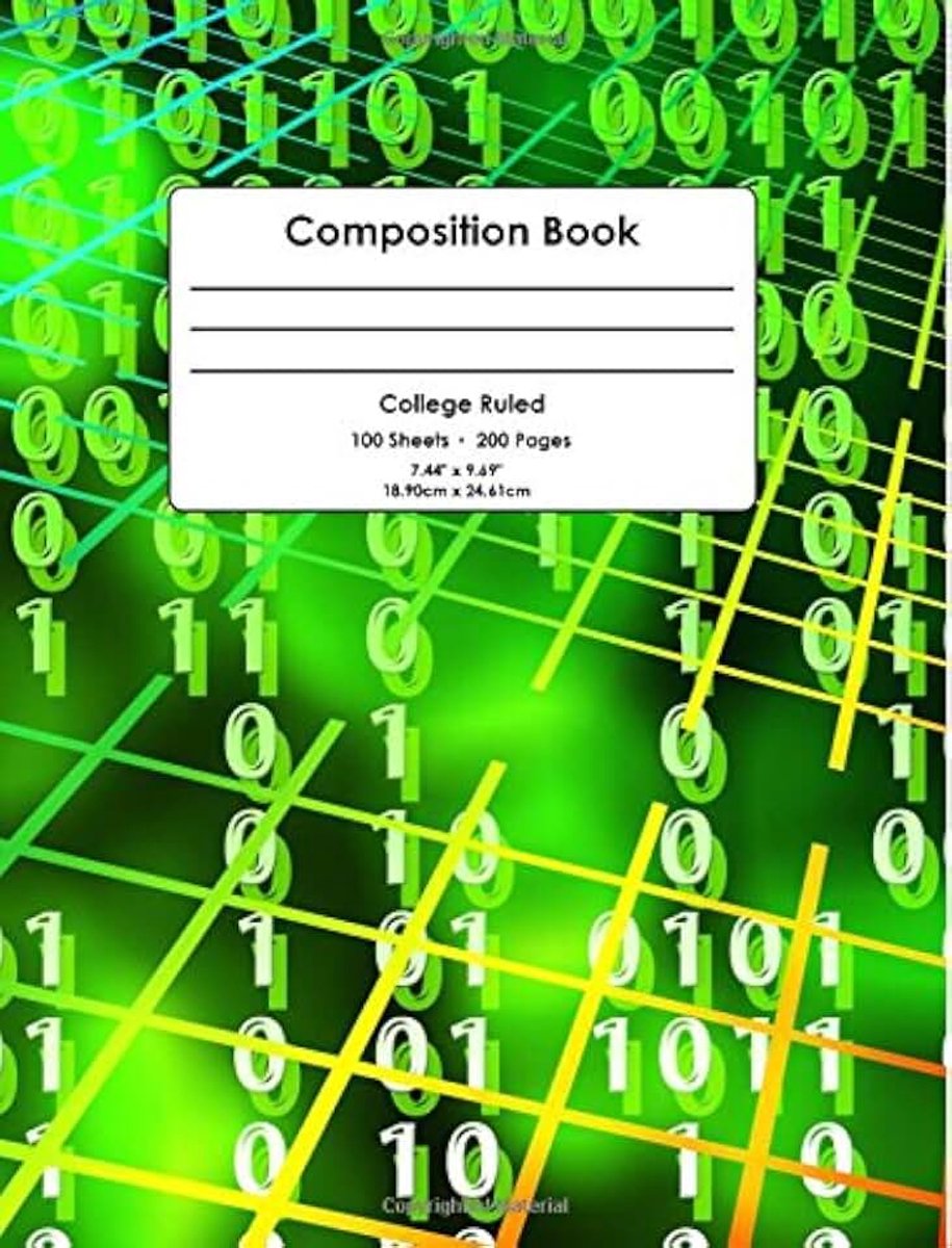 Book: Neon Green Binary Code, College Ruled School Notebook, 200 pages, 7.44"x9.69"