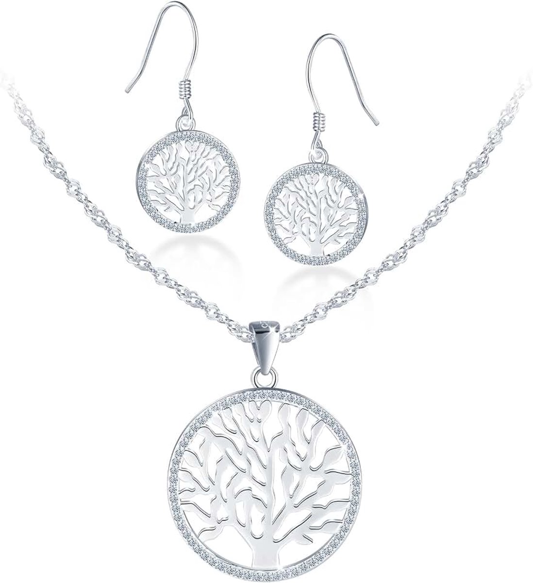 Set dames 925 sterling zilver oorbellen en levensboom hanger halsketting met witte zirkonia, 45 cm ketting zilveren sieradenset voor vrouwen, moeder, echtgenote, vriendin