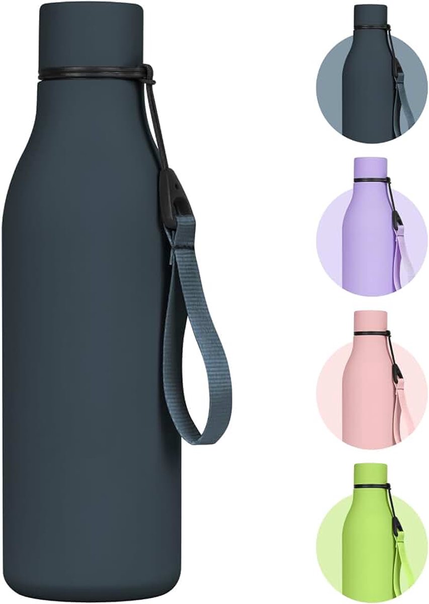 Flintronic Drinkfles van 550 ml met riem, roestvrijstalen drinkfles, houdt 24 uur koud/12 uur warm, dubbelwandige vacuüm waterfles, BPA-vrij, lekvrij (donkerblauw)