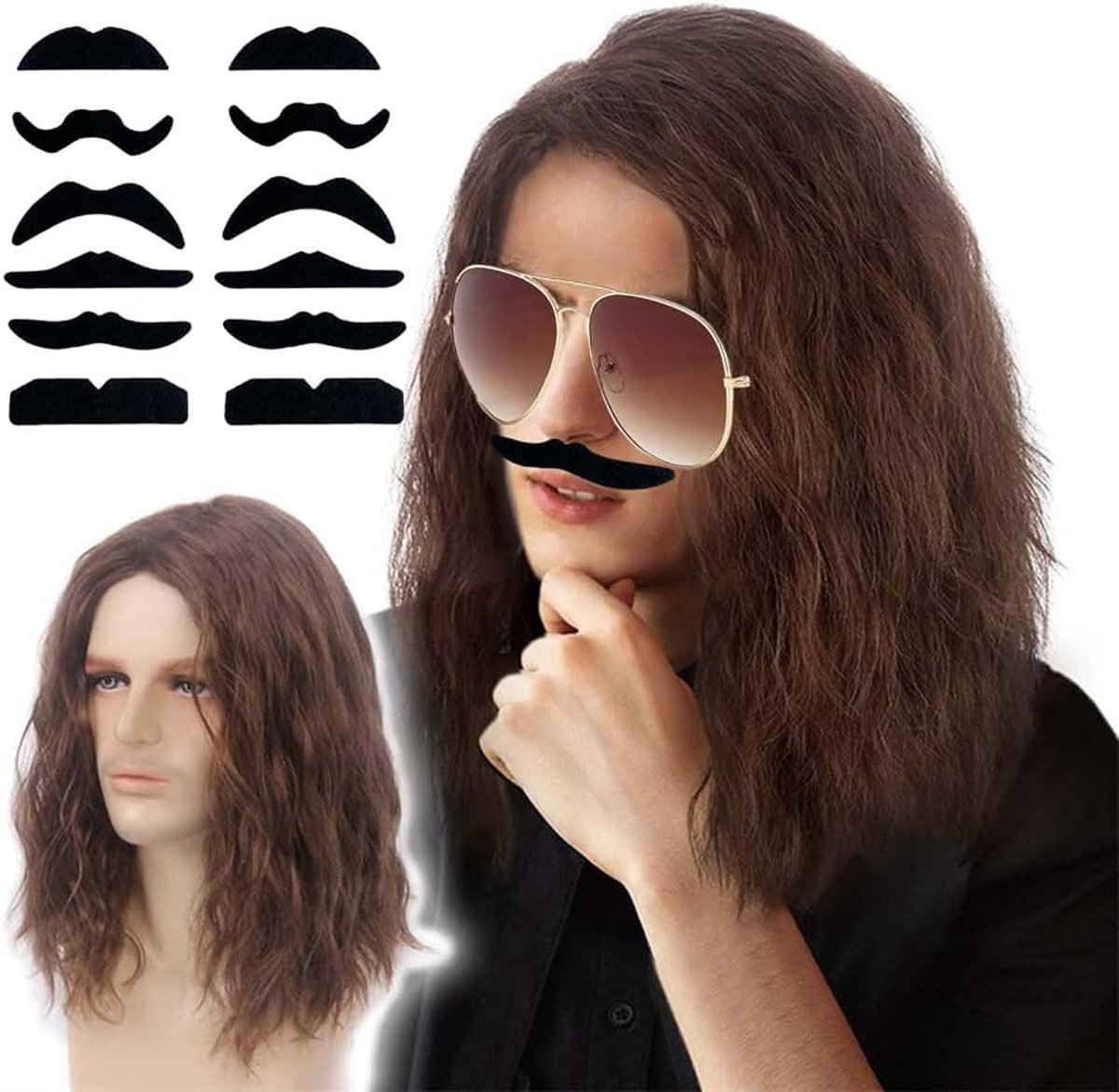 Lange Bruine Pruik, Lange Golvende Gelaagde Haar Kostuum, Ideaal voor Volwassenen, Hippie Rockster Pruik voor Halloween Cosplay Dagelijks Gebruik