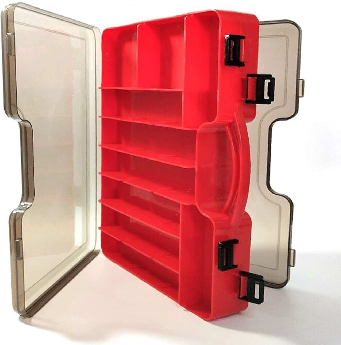 Dubbellaagse visbox, kunststof visbak voor kunstaas, visgerei opbergdoos met verstelbare verdelers, vissen box voor dobbers en kleine onderdelen(Rood)