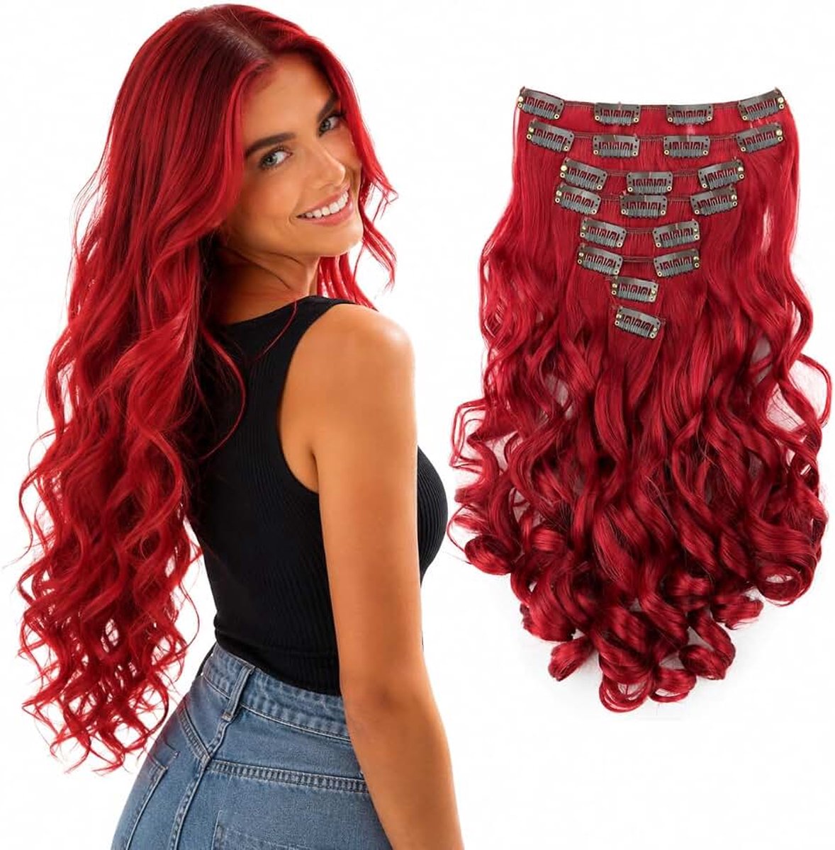 XXL 45cm 8 Delige Set CLIP IN EXTENSIONS Haarextensies Haarstukje Golvend Intens Rood CES9-1
