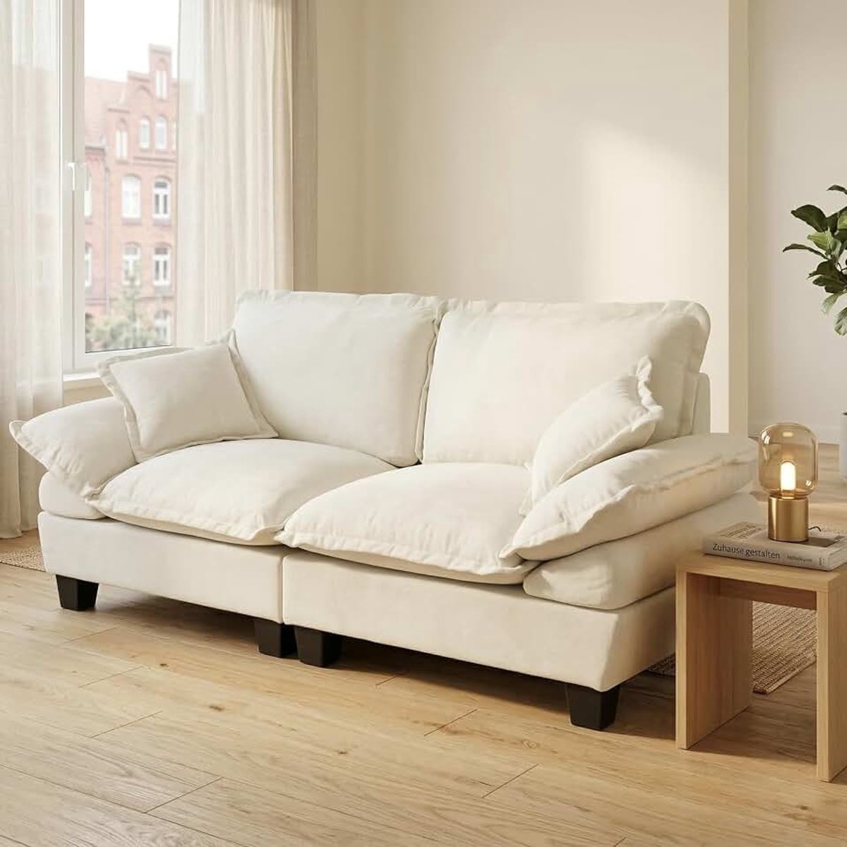 Sofa met Ottomanen - Modulaire hoekbank van chenille, moderne designer bank met 2 kussens voor woonkamer & appartement, beige 2-zits (beige, 2-zits)