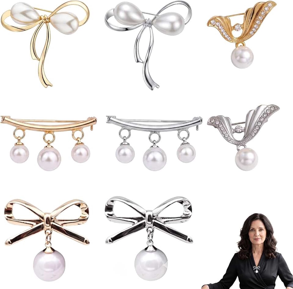 8 stuks broche voor dames, kleding, decolleté, kleine broche tegen blootstelling voor jurk en vest, veiligheidsspeld, fantasie-sieraden met parels en engel, modeaccessoires, goud en zilver