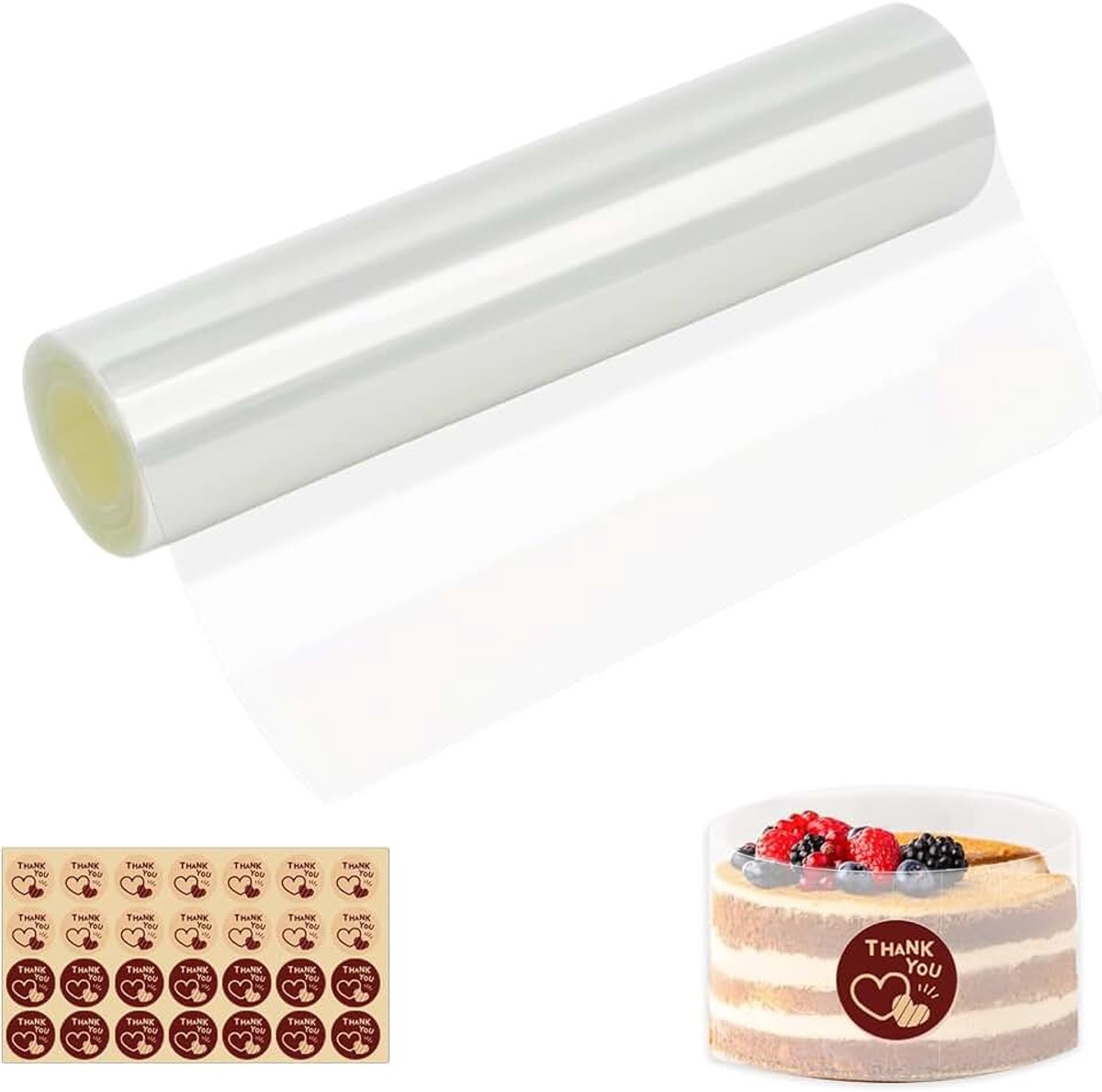 Edge Film 20 cm x 5 m – Transparante Taartrandfolie van Voedselveilig PET met 28 Sluitstickers – Herbruikbare Acetaatfolie voor Mousse-, Room- en Stapeltaarten