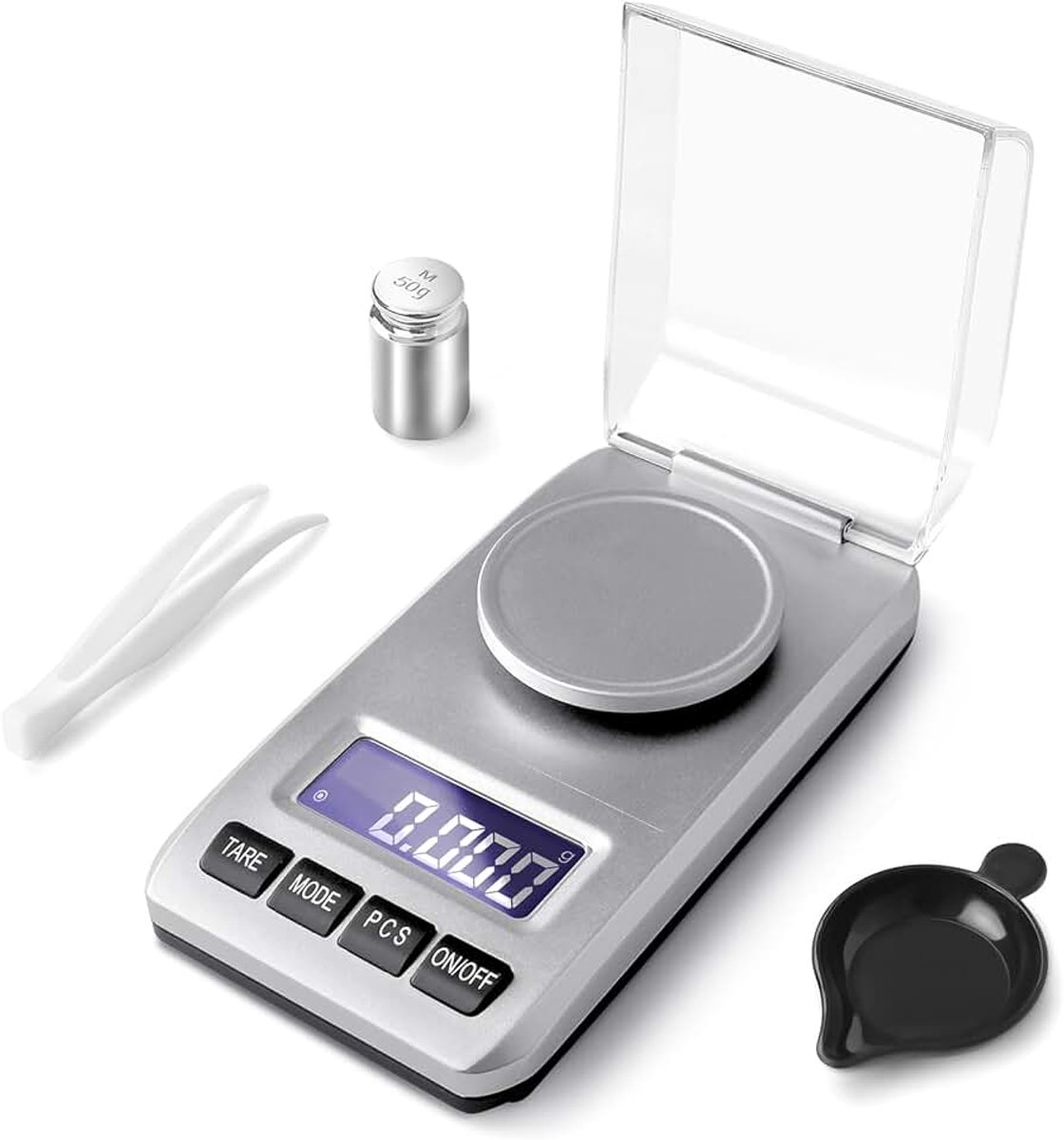 0,001g/50G Precisieweegschaal, Hoge Precisie Milligramweegschaal, Digitale Weegschaal met Kalibratiegewichten, voor Het Wegen van Poeders, Sieraden, Medicijnen, met Pincet, Weegschaal, Zilver