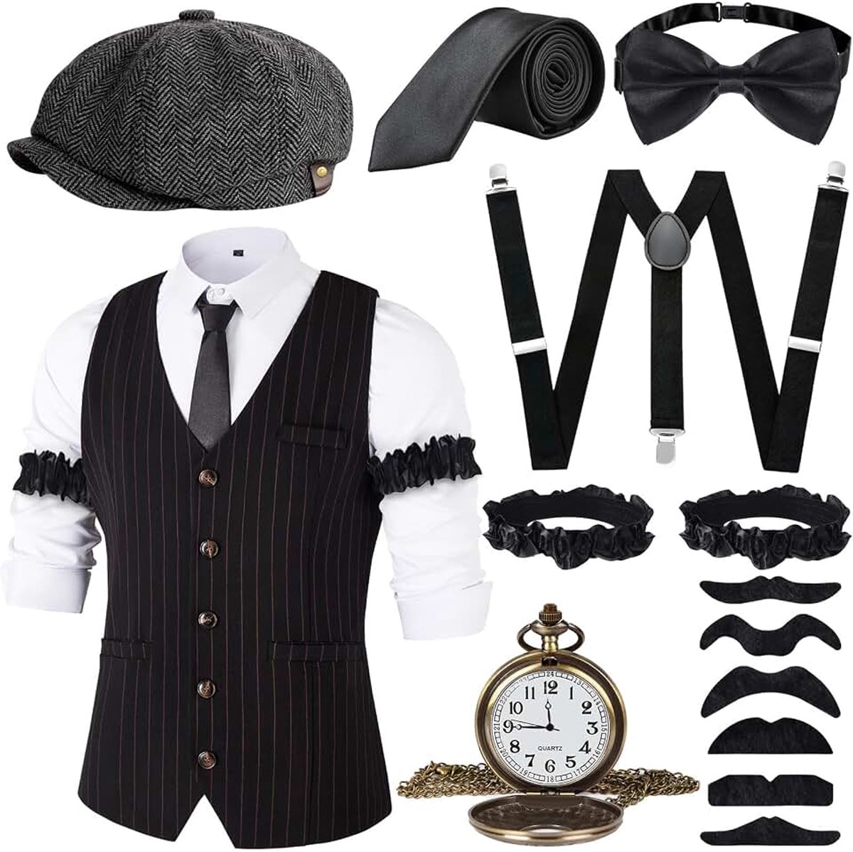 Jaren 20 herenaccessoires, 1920 maffia-kostuumset met vesten en verschillende accessoires voor Halloween, carnaval (zwart, L)