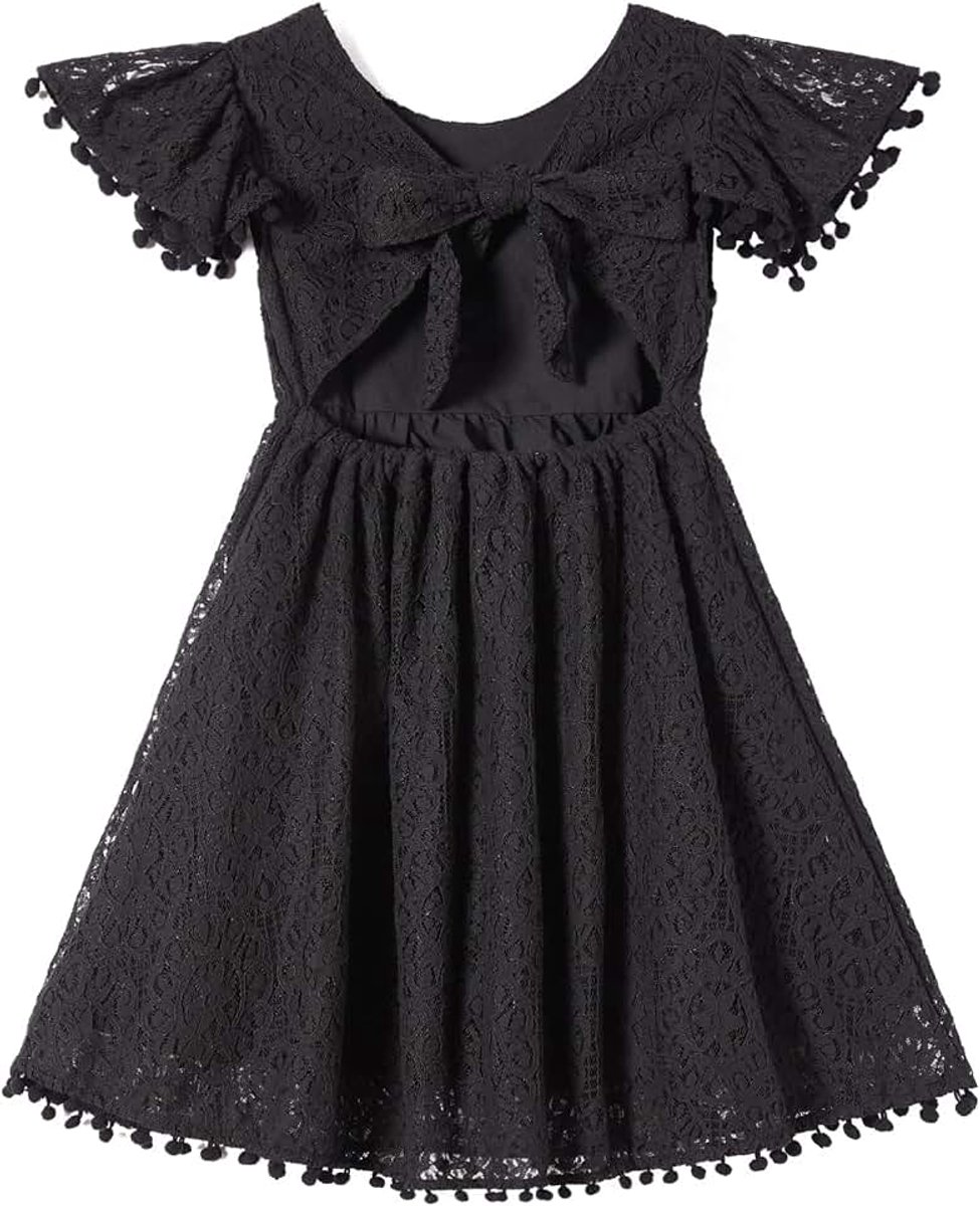 Feestjurk voor meisjes, binding naar achteren voor kleine kinderen, kant, rugvrije strik, pompons, fladdermouwen, prinsessenjurk