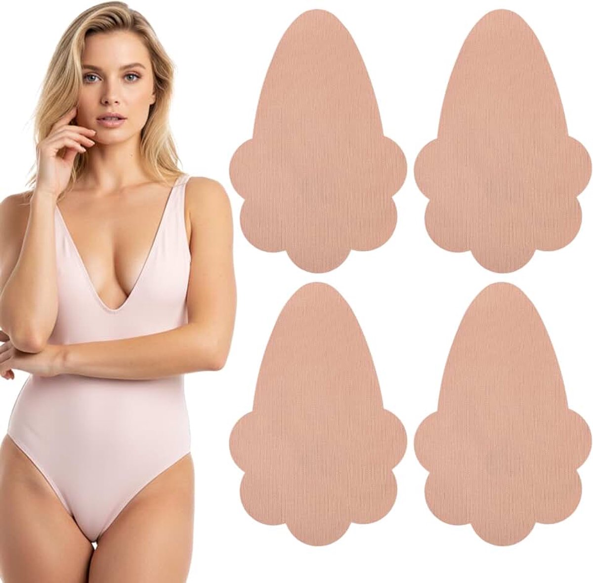 4 stuks beige borsttape, beige, aanpasbare borsttape voor vrouwen, onzichtbare tepelpads, voor borstplasticiteit, rugvrije jurk, avondjurk, diepe hals, waterdicht zwemmen