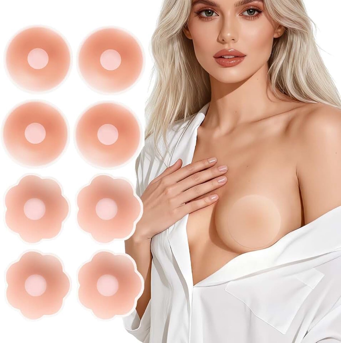 4 paar premium tepelpads, zelfklevende tepelcovers voor dames, dunne zelfklevende tepelpads, wasbaar, herbruikbaar, hypoallergeen, siliconen tepelbescherming met tas, 6,5 cm