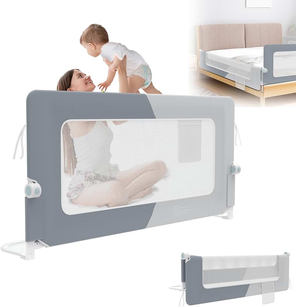 Bedhek 150 cm valbescherming inklapbaar in hoogte verstelbaar 2 kleuren | Metalen frame, Oxford-weefsel, 72-86 cm verstelbaar, voor matrassen tot 30 cm, netvak, eenvoudige montage zonder gereedschap