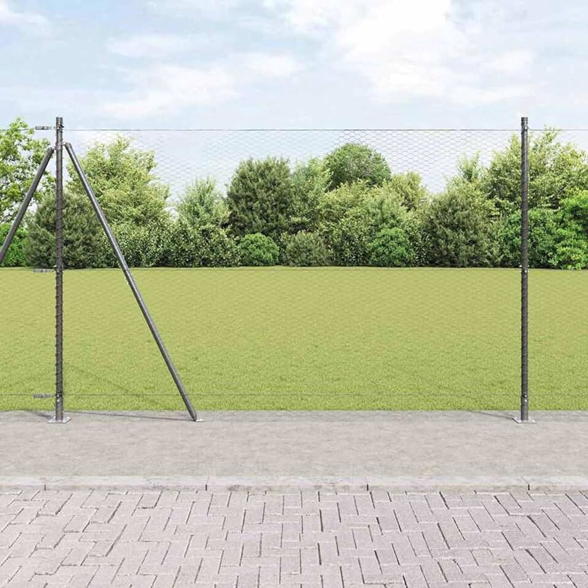 Zeshoekige omheining, grijs, 1,6 x 10 m, hekpalen met voetplaten, 7 stuks, Ø 32 mm, 88,5 cm, verzinkt staal, stabiele stalen palen voor tuinhekken, landbouw, wilgennetten, kippendraad 3353638