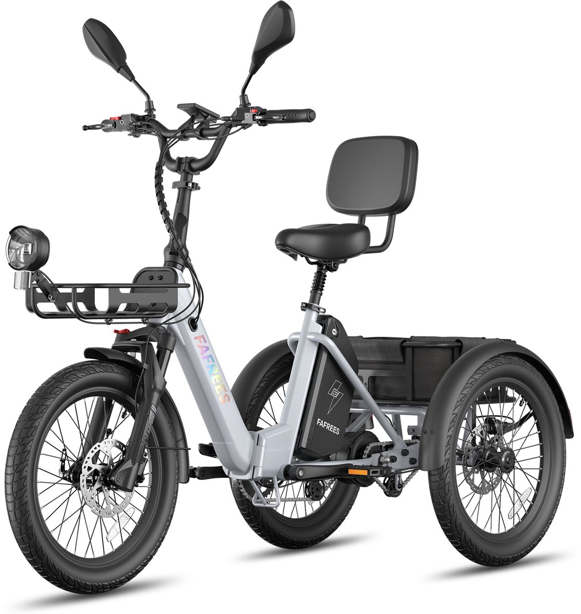 FAFREES Elektrische Driewieler 20 Inch 48V 21Ah Accu Dik Klapfiets E-Bakfiets Elektrische Fiets Elektrische Vrachtsfiets 180kg 85km Bereik Grote groente den aan de voor- en achterkant Koppelsensor Max 180kg Belasting – Grijs