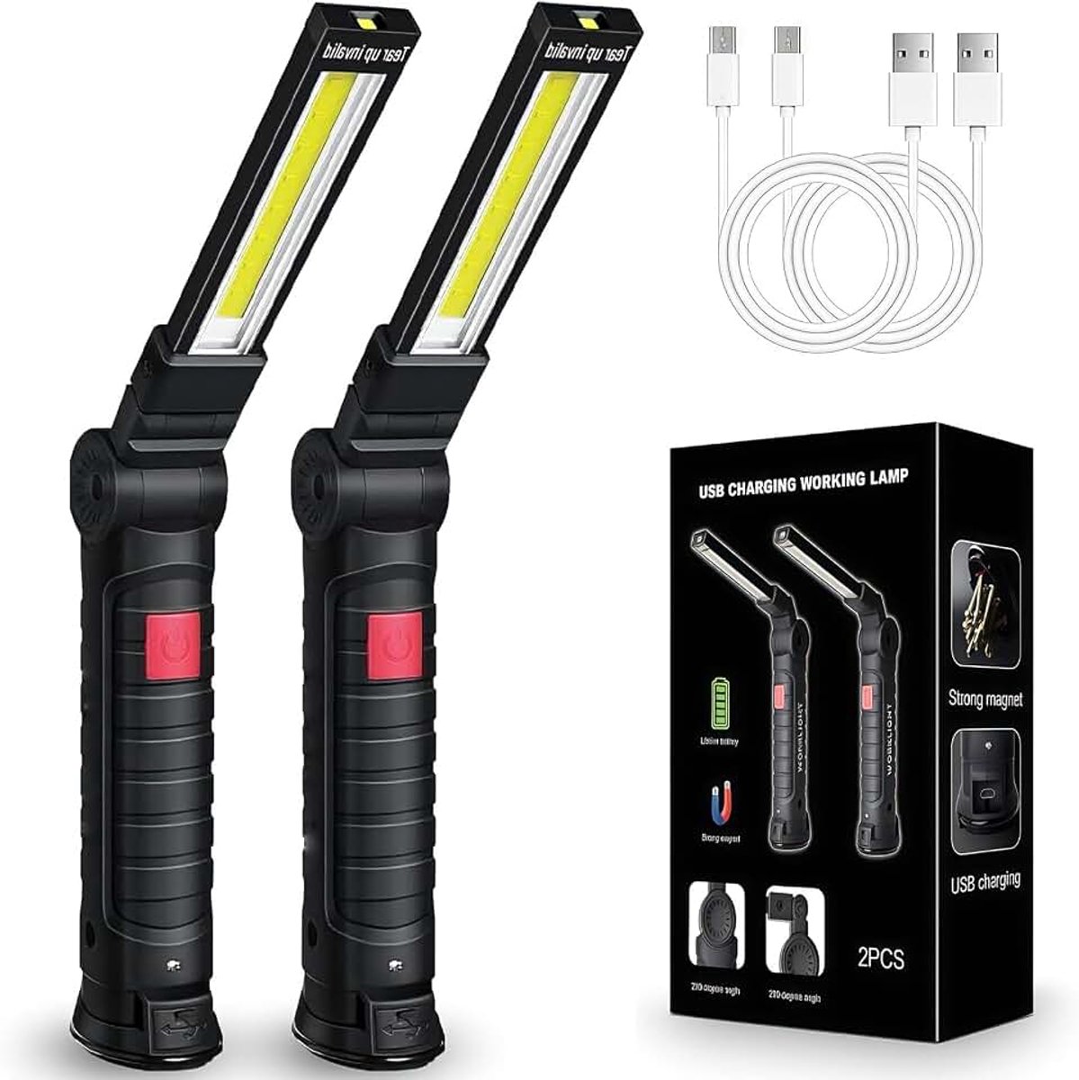 Led-werklamp, 2 stuks, USB-oplaadbaar met magneet en haak, COB-inspectielampen voor auto, reparatie, werkplaats, noodgevallen, camping, 2 stuks