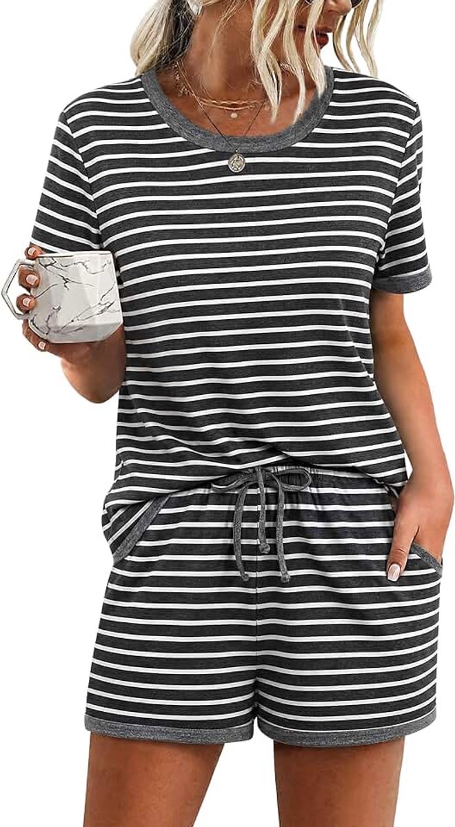 Pyjama dames zomer pyjama dames katoen korte pyjama voor dames tweedelige nachtkleding set gestreepte ronde hals en shorts met zakken casual thuis comfortabel zacht