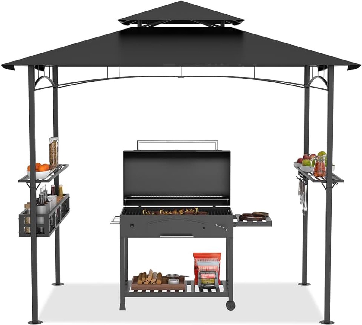 Grillpaviljoen 2,45 x 1,53 m, grillpaviljoen, partytent, dubbele verdiepingen, beschermafdekking, grilltent, tuinpaviljoen, pergola met planken en opbergmanden voor feest, marktkramen