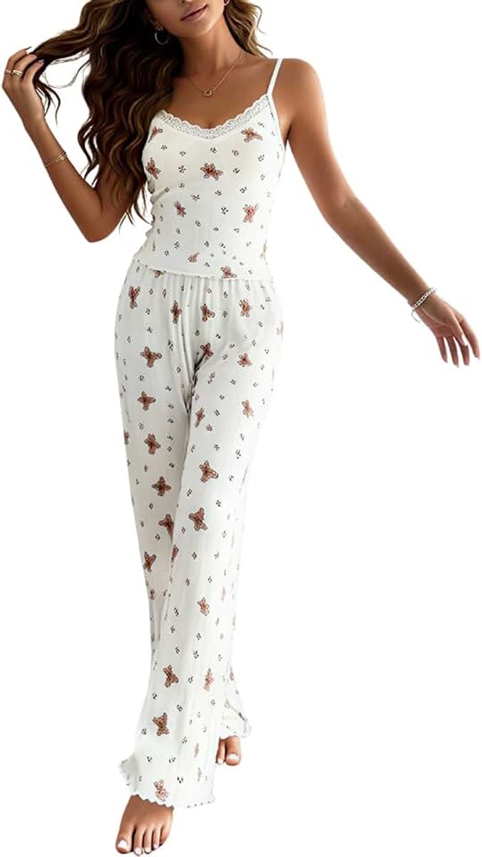 Pyjamaset voor dames, 2-delig, nachtkleding met teddyprint, camisole, top van kant, V-hals en lange broek, zachte pyjama zonder mouwen, comfortabele kleding voor thuis