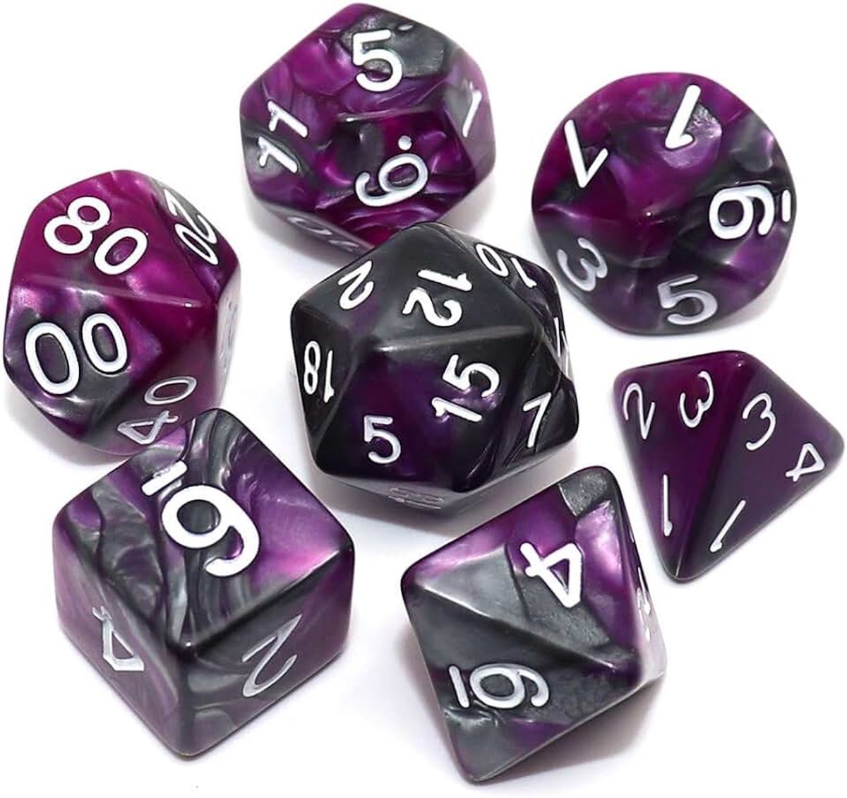 Polyhedral dobbelstenen voor kerkers en draken D&D RPG rollenspellen 7-sterven set (paars mix zilver)