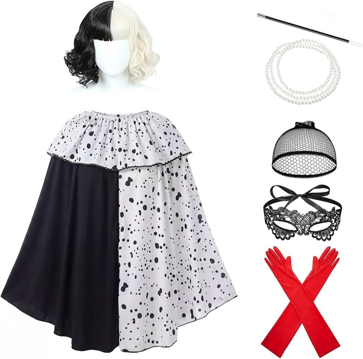 Kostuum voor dames, 8 stuks, zwart-witte pruik, jaren '70, accessoireset, wit, zwart, gestippeld, sjaal, kanten masker, voor carnaval, themafeest