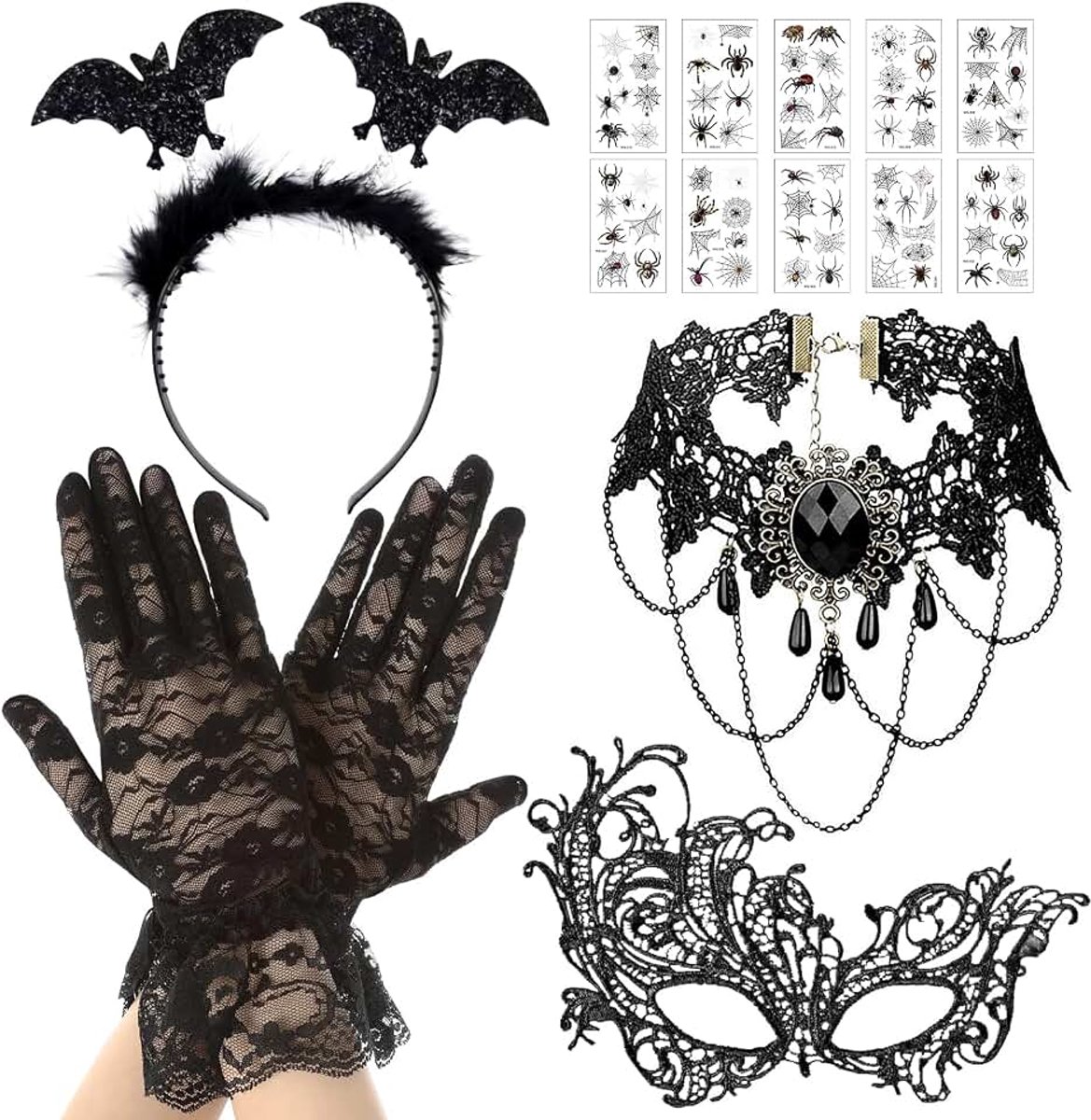 5 stuks Halloween steampunk damesaccessoires, gothic, zwarte kant, handschoenen, halsketting, oogmasker, haarband met 10 tattoo-stickers, gothic kostuumaccessoires voor carnaval, kostuum, bruiloft,