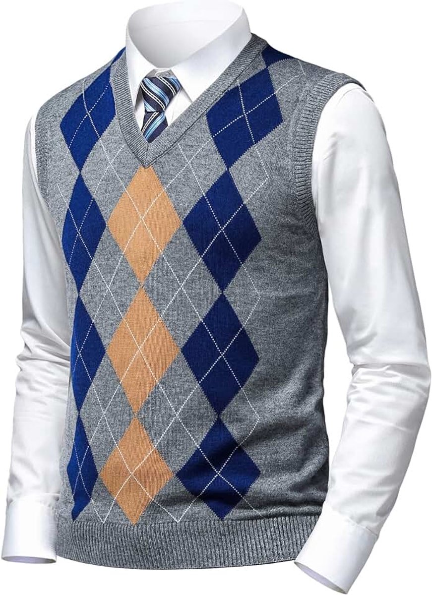 Argyle Trui Vesten Klassieke V-hals Mouwloze Trui Grijs Zwart Knitwear Mooie Tank Tops voor Papa Man